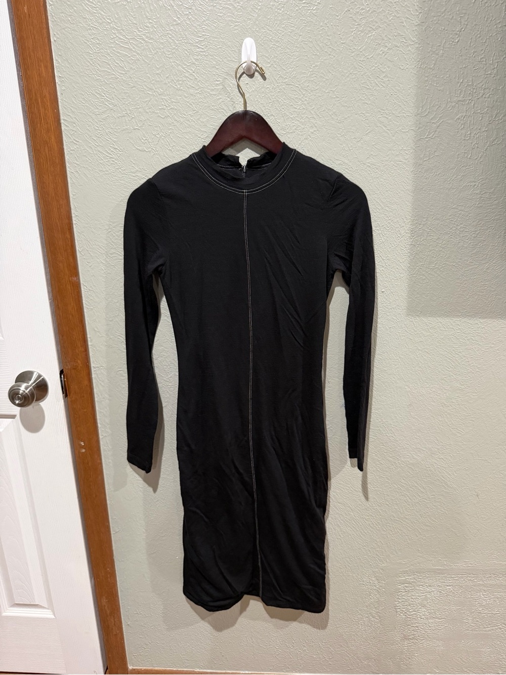 Classic Black Long-Sleeve Bodycon Dress With White Stitching Made in USA